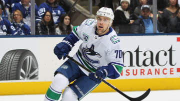 TORONTO, ON - FEBRUARY 29: Tanner Pearson #70 of the Vancouver Canucks skates against the Toronto Maple Leafs during an NHL game at Scotiabank Arena on February 29, 2020 in Toronto, Ontario, Canada. The Maple Leafs defeated the Canucks 4-2. (Photo by Claus Andersen/Getty Images)