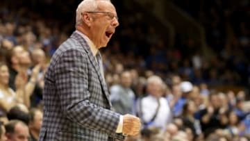 DURHAM, NC - MARCH 03: Head coach Roy Williams of the North Carolina Tar Heels reacts during their game against the Duke Blue Devils at Cameron Indoor Stadium on March 3, 2018 in Durham, North Carolina. (Photo by Streeter Lecka/Getty Images)