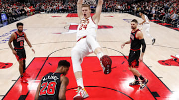 Jan 19, 2022; Chicago, Illinois, USA; Cleveland Cavaliers forward Lauri Markkanen (24) reacts after scoring against the Chicago Bulls during the first half at United Center. Mandatory Credit: Kamil Krzaczynski-USA TODAY Sports