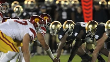 SOUTH BEND, IN - OCTOBER 22: Members of the Notre Dame Fighting Irish defense line up against the offense of the University of Southern California Trojans at Notre Dame Stadium on October 22, 2011 in South Bend, Indiana. USC defeated Notre Dame 31-17. (Photo by Jonathan Daniel/Getty Images)