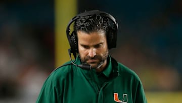 MIAMI, FLORIDA - NOVEMBER 09: Head coach Manny Diaz of the Miami Hurricanes reacts against the Louisville Cardinals during the second half at Hard Rock Stadium on November 09, 2019 in Miami, Florida. (Photo by Michael Reaves/Getty Images)