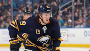 BUFFALO, NY - NOVEMBER 27: Jake McCabe #19 of the Buffalo Sabres skates against the San Jose Sharks during an NHL game on November 27, 2018 at KeyBank Center in Buffalo, New York. (Photo by Bill Wippert/NHLI via Getty Images)