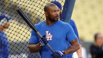 October 17, 2016; Los Angeles, CA, USA; Los Angeles Dodgers left fielder Howie Kendrick (47) during workouts before game three of the NLCS at Dodgers Stadium. Mandatory Credit: Gary A. Vasquez-USA TODAY Sports