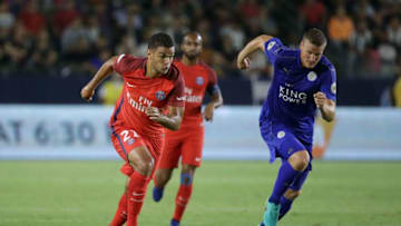 CARSON, CA - JULY 30: Hatem Ben Arfa #21 of Paris Saint-Germain is pursued by Robert Huth #6 of Leicester City during the 2016 International Champions Cup at StubHub Center on July 30, 2016 in Carson, California. (Photo by Jeff Gross/Getty Images)