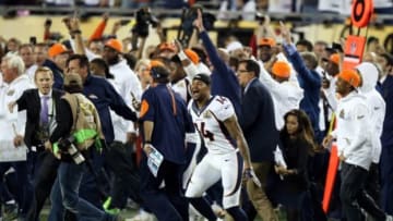 Feb 7, 2016; Santa Clara, CA, USA; Denver Broncos wide receiver Cody Latimer (14) celebrates beating the Carolina Panthers in Super Bowl 50 at Levi