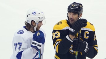 TORONTO, ONTARIO - AUGUST 05: Victor Hedman #77 of the Tampa Bay Lightning and Zdeno Chara #33 of the Boston Bruins chat during the third period in an Eastern Conference Round Robin game during the 2020 NHL Stanley Cup Playoff at Scotiabank Arena on August 5, 2020 in Toronto, Ontario, Canada. (Photo by Andre/Ringuette/Getty Images)