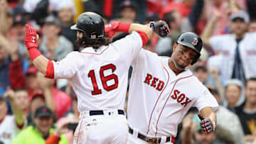 BOSTON, MA - OCTOBER 09: Andrew Benintendi #16 of the Boston Red Sox celebrates with Xander Bogaerts #2 after hitting a two-run home run in the fifth inning against the Houston Astros during game four of the American League Division Series at Fenway Park on October 9, 2017 in Boston, Massachusetts. (Photo by Elsa/Getty Images)