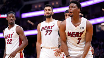 Miami Heat guard Kyle Lowry (7) reacts after being called for a foul against the Golden State Warriors(Cary Edmondson-USA TODAY Sports)
