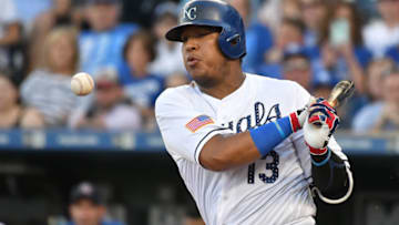 KANSAS CITY, MO - JULY 02: Kansas City Royals catcher Salvador Perez (13) hits a foul ball during a Major League Baseball game between the Cleveland Indians and the Kansas City Royals on July 02, 2018, at Kauffman Stadium, Kansas City, MO. (Photo by Keith Gillett/Icon Sportswire via Getty Images)