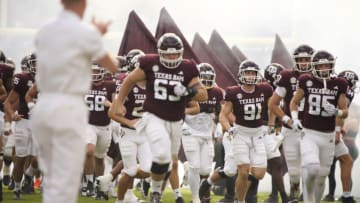 Oct 28, 2023; College Station, Texas, USA; Texas A&M Aggies take the field before a game against South Carolina Gamecocks at Kyle Field. Mandatory Credit: Dustin Safranek-USA TODAY Sports