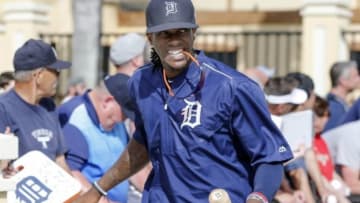 Feb 23, 2016; Lakeland, FL, USA; Detroit Tigers outfielder Cameron Maybin catches up to his teammates after stopping to sign autographs during the Detroit Tigers spring training camp at Joker Merchant Stadium. Mandatory Credit: Reinhold Matay-USA TODAY Sports