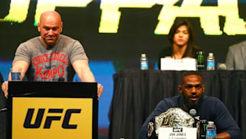 Mar 4, 2016; Las Vegas, NV, USA; UFC president Dana White (left) and fighter Jon Jones during a press conference prior to weigh-ins for UFC 196 at MGM Grand Garden Arena. Mandatory Credit: Mark J. Rebilas-USA TODAY Sports