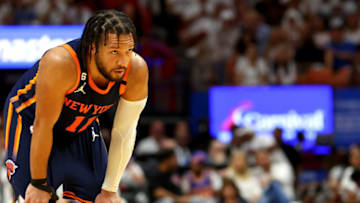 MIAMI, FLORIDA - MAY 12: Jalen Brunson #11 of the New York Knicks looks on during game six of the Eastern Conference Semifinals in the 2023 NBA Playoffs against the Miami Heat at Kaseya Center on May 12, 2023 in Miami, Florida. (Photo by Mike Ehrmann/Getty Images)