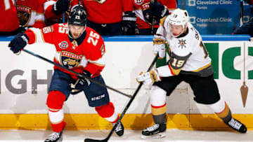 SUNRISE, FL - FEBRUARY 2: Derick Brassard #25 of the Florida Panthers crosses sticks with Reilly Smith #19 of the Vegas Golden Knights at the BB&T Center on February 2, 2019 in Sunrise, Florida. (Photo by Eliot J. Schechter/NHLI via Getty Images)