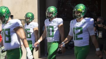 PALO ALTO, CA - SEPTEMBER 21: Alex Forsyth #78, Bradley Yaffe #16, Justin Herbert #10, and Tyler Shough #12 of the Oregon Ducks enter the stadium prior to an NCAA Pac-12 college football game against the Stanford Cardinal on September 21, 2019 at Stanford Stadium in Palo Alto, California. (Photo by David Madison/Getty Images)