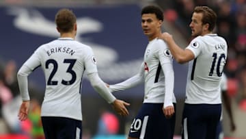LONDON, ENGLAND - DECEMBER 26: Dele Alli of Tottenham Hotspur celebrates with Harry Kane and Christian Eriksen of Tottenham Hotspur during the Premier League match between Tottenham Hotspur and Southampton at Wembley Stadium on December 26, 2017 in London, England. (Photo by Catherine Ivill/Getty Images)