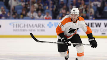 Apr 16, 2022; Buffalo, New York, USA; Philadelphia Flyers right wing Bobby Brink (46) skates up ice during the first period against the Buffalo Sabres at KeyBank Center. Mandatory Credit: Timothy T. Ludwig-USA TODAY Sports