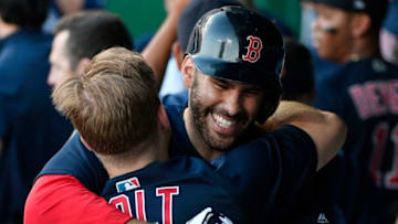 KANSAS CITY, MO - JULY 6: J.D. Martinez #28 of the Boston Red Sox celebrates his home run with Brock Holt #12 in the second inning against the Kansas City Royals at Kauffman Stadium on July 6, 2018 in Kansas City, Missouri. (Photo by Ed Zurga/Getty Images)
