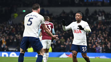 LONDON, ENGLAND - DECEMBER 22: Steven Bergwijn of Tottenham Hotspur celebrates with teammate Pierre-Emile Hojbjerg after scoring their side's first goal during the Carabao Cup Quarter Final match between Tottenham Hotspur and West Ham United at Tottenham Hotspur Stadium on December 22, 2021 in London, England. (Photo by Shaun Botterill/Getty Images)