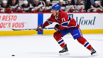 MONTREAL, QC - SEPTEMBER 16: Montreal Canadiens center Jake Evans (71) skates towards the net with the puck during the New Jersey Devils versus the Montreal Canadiens preseason game on September 16, 2019, at Bell Centre in Montreal, QC (Photo by David Kirouac/Icon Sportswire via Getty Images)