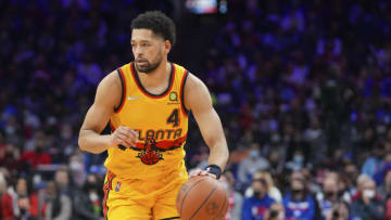 PHILADELPHIA, PA - DECEMBER 23: Skylar Mays #4 of the Atlanta Hawks dribbles the ball against the Philadelphia 76ers at the Wells Fargo Center on December 23, 2021 in Philadelphia, Pennsylvania. The Hawks defeated the 76ers 98-96. NOTE TO USER: User expressly acknowledges and agrees that, by downloading and or using this photograph, User is consenting to the terms and conditions of the Getty Images License Agreement. (Photo by Mitchell Leff/Getty Images)