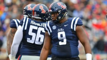 Nov 7, 2015; Oxford, MS, USA; Mississippi Rebels defensive tackle Breeland Speaks prepares for a play during the game against the Arkansas Razorbacks at Vaught-Hemingway Stadium. Arkansas won 53-52. Mandatory Credit: Matt Bush-USA TODAY Sports