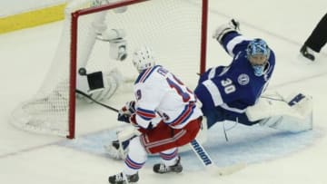 May 20, 2015; Tampa, FL, USA; New York Rangers right wing Jesper Fast (19) scores a goal past Tampa Bay Lightning goalie Ben Bishop (30) during the first period of game three of the Eastern Conference Final of the 2015 Stanley Cup Playoffs at Amalie Arena. Mandatory Credit: Kim Klement-USA TODAY Sports