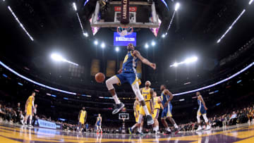 LOS ANGELES, CALIFORNIA - JANUARY 21: Kevin Durant #35 of the Golden State Warriors reacts after his dunk during a 130-111 win over the Los Angeles Lakers at Staples Center on January 21, 2019 in Los Angeles, California. NOTE TO USER: User expressly acknowledges and agrees that, by downloading and or using this photograph, User is consenting to the terms and conditions of the Getty Images License Agreement. (Photo by Harry How/Getty Images)