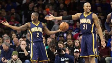 Feb 20, 2015; Philadelphia, PA, USA; Indiana Pacers guard Rodney Stuckey (2) and forward David West (21) react after a foul call against their team during the second quarter of a game against the Philadelphia 76ers at Wells Fargo Center. Mandatory Credit: Bill Streicher-USA TODAY Sports
