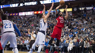 Nov 27, 2016; Dallas, TX, USA; New Orleans Pelicans forward Anthony Davis (23) shoots the ball over Dallas Mavericks forward Dwight Powell (7) during the second half at the American Airlines Center. The Mavericks won 91-81. Mandatory Credit: Jerome Miron-USA TODAY Sports