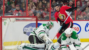 Mar 6, 2016; Ottawa, Ontario, CAN; Dallas Stars goalie Kari Lethonen (32) makes a save on a shot from Ottawa Senators right wing Mark Stone (61) in the second period at the Canadian Tire Centre. Mandatory Credit: Marc DesRosiers-USA TODAY Sports