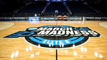 Mar 23, 2023; New York, NY, USA; The official tournament logo is seen on the court prior to the game between the Michigan State Spartans and the Kansas State Wildcats at Madison Square Garden. Mandatory Credit: Brad Penner-USA TODAY Sports