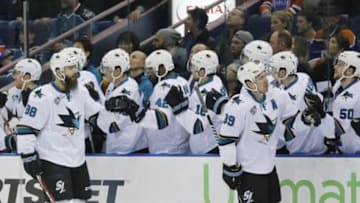 Mar 8, 2016; Edmonton, Alberta, CAN; San Jose Sharks forward Logan Couture (39) celebrates a first period goal against the Edmonton Oilers at Rexall Place. Mandatory Credit: Perry Nelson-USA TODAY Sports