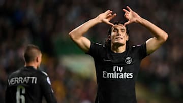 GLASGOW, SCOTLAND - SEPTEMBER 12: Edinson Cavani of PSG celebrates scoring his sides third goal during the UEFA Champions League Group B match between Celtic and Paris Saint Germain at Celtic Park on September 12, 2017 in Glasgow, Scotland. (Photo by Mike Hewitt/Getty Images)