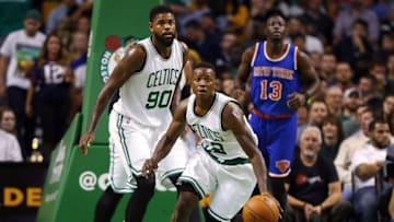 Oct 22, 2015; Boston, MA, USA; Boston Celtics guard Terry Rozier (12) looks to run the ball up court during the second half of the Boston Celtics 99-85 win over the New York Knicks at TD Garden. Mandatory Credit: Winslow Townson-USA TODAY Sports