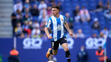 BARCELONA, SPAIN - APRIL 10: Adria Pedrosa of RCD Espanyol runs with the ball during the La Liga Santander match between RCD Espanyol and RC Celta de Vigo at RCDE Stadium on April 10, 2022 in Barcelona, Spain. (Photo by Alex Caparros/Getty Images)