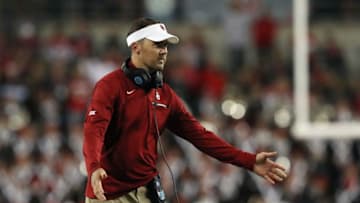 COLUMBUS, OH - SEPTEMBER 09: Head coach Lincoln Riley of the Oklahoma Sooners reacts during the game against the Ohio State Buckeyes at Ohio Stadium on September 9, 2017 in Columbus, Ohio. (Photo by Gregory Shamus/Getty Images)