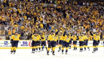 May 2, 2012; Nashville, TN, USA; Nashville Predators team members raise their sticks in victory after a game against the Phoenix Coyotes after game three in the Western Conference semifinals of the 2012 Stanley Cup Playoffs at Bridgestone Arena. The Predators beat the Coyotes 2-0. Don McPeak-USA TODAY Sports