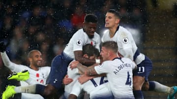 LONDON, ENGLAND - NOVEMBER 10: Juan Foyth of Tottenham Hotspur celebrates with his team mates after scoring his team's first goal during the Premier League match between Crystal Palace and Tottenham Hotspur at Selhurst Park on November 10, 2018 in London, United Kingdom. (Photo by Catherine Ivill/Getty Images)
