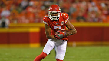 KANSAS CITY, MO - AUGUST 31: Wide receiver Marcus Kemp #7 of the Kansas City Chiefs rushes up field against the Tennessee Titans during the first half of a preseason game on August 31, 2017 at Arrowhead Stadium in Kansas City, Missouri. (Photo by Peter G. Aiken/Getty Images)