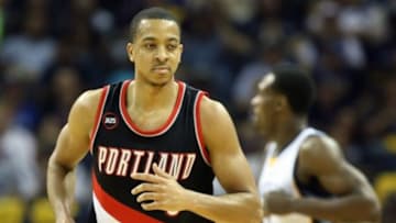 Apr 29, 2015; Memphis, TN, USA; Portland Trailblazers guard CJ McCollum (3) looks toward the Memphis Grizzlies bench in the first half during game five of the first round of the NBA Playoffs. at FedExForum. Mandatory Credit: Nelson Chenault-USA TODAY Sports