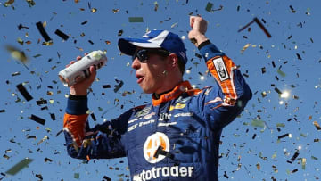LAS VEGAS, NV - SEPTEMBER 16: Brad Keselowski, driver of the #2 Autotrader Ford, celebrates in victory lane after winning the Monster Energy NASCAR Cup Series SouthPoint 400 at Las Vegas Motor Speedway on September 16, 2018 in Las Vegas, Nevada. (Photo by Matt Sullivan/Getty Images)