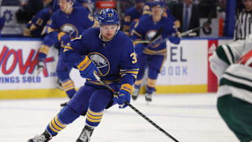 Mar 4, 2022; Buffalo, New York, USA; Buffalo Sabres center Casey Mittelstadt (37) skates with the puck during the second period against the Minnesota Wild at KeyBank Center. Mandatory Credit: Timothy T. Ludwig-USA TODAY Sports