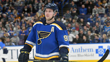 ST. LOUIS, MO - DECEMBER 12: St. Louis Blues right wing Vladimir Tarasenko (91) during a NHL game between the Tampa Bay Lightning and the St. Louis Blues on December 12, 2017, at Scottrade Center, St. Louis, MO. Tampa Bay won, 3-0.(Photo by Keith Gillett/Icon Sportswire via Getty Images)