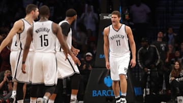 Nov 29, 2016; Brooklyn, NY, USA; Brooklyn Nets center Brook Lopez (11) reacts with teammates during the fourth quarter against the Los Angeles Clippers at Barclays Center. Mandatory Credit: Brad Penner-USA TODAY Sports
