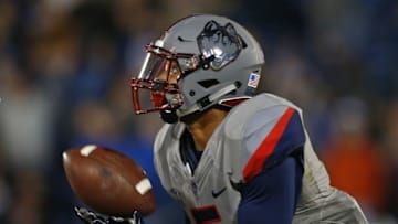 EAST HARTFORD, CT - NOVEMBER 21: Noel Thomas #5 of the Connecticut Huskies catches a touchdown pass from JJ Bivona #24 against the Houston Cougars during the first quarter at Rentschler Field on November 21, 2015 in East Hartford, Connecticut. The Huskies defeated the Cougars 20-17. (Photo by Rich Schultz /Getty Images)