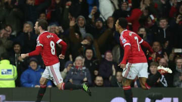 MANCHESTER, ENGLAND - MARCH 02: Juan Mata of Manchester United celebrates scoring their first goal during the Barclays Premier League match between Manchester United and Watford at Old Trafford on March 2, 2016 in Manchester, England. (Photo by John Peters/Man Utd via Getty Images)