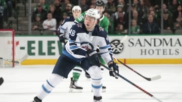 DALLAS, TX - JANUARY 19: Brendan Lemieux #48 of the Winnipeg Jets skates against the Dallas Stars at the American Airlines Center on January 19, 2019 in Dallas, Texas. (Photo by Glenn James/NHLI via Getty Images)