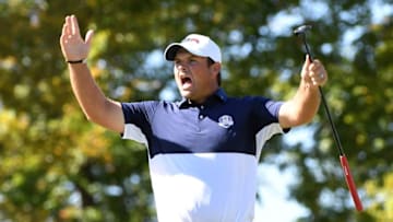 Oct 2, 2016; Chaska, MN, USA; Patrick Reed of the United States reacts to a putt on the 12th green during the single matches in 41st Ryder Cup at Hazeltine National Golf Club. Mandatory Credit: Michael Madrid-USA TODAY Sports