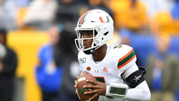 PITTSBURGH, PA - OCTOBER 26: N'Kosi Perry #5 of the Miami Hurricanes in action during the game against the Pittsburgh Panthers at Heinz Field on October 26, 2019 in Pittsburgh, Pennsylvania. (Photo by Joe Sargent/Getty Images)